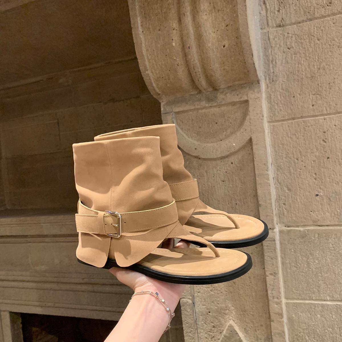 

2025 new fashionable Spice Girl round head toe buckle belt outer wear medium tube cool boots women s spring and summer French retro trouser boots 35 хаки