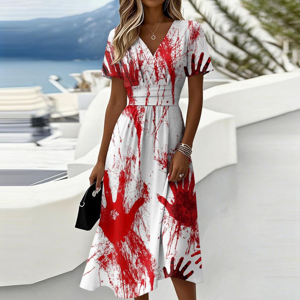 Women’s V Neck Short Sleeve Casual Dress with and Floral Print for Halloween Costumes Halloween Costumes Outfits Halloween Costumes Party Wear