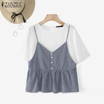 Women Casual Fake Two Piece Patchwork Grid Print Short Sleeve T-Shirts