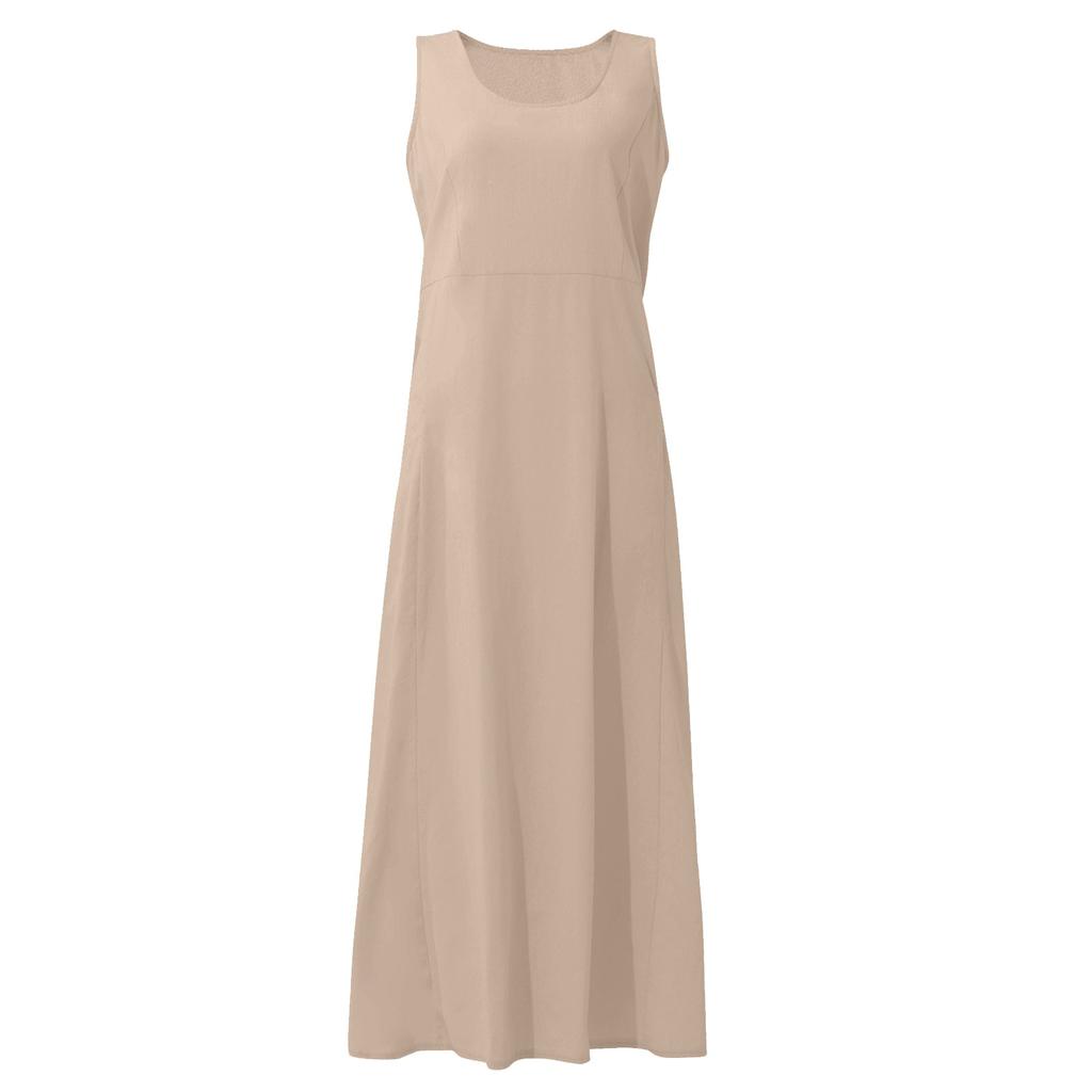 Women's Fashion Casual Solid Colour Sleeveless Cotton Linen Pocket Dress