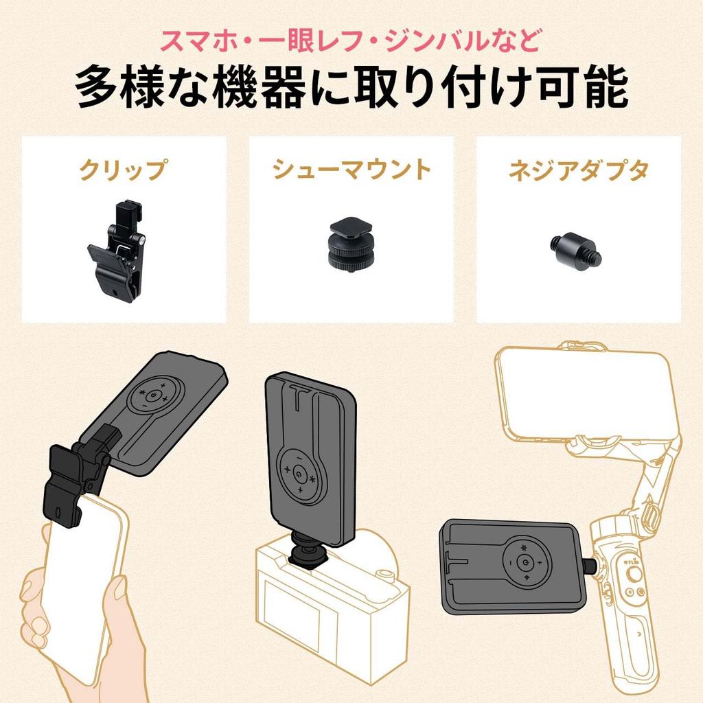 Sanwa Direct LED Photography Light, 250 Lumens, Rechargeable, with Clip, Shoe Mount, Tripod Mount, for Cameras, Smartphones, and DSLRs, Product