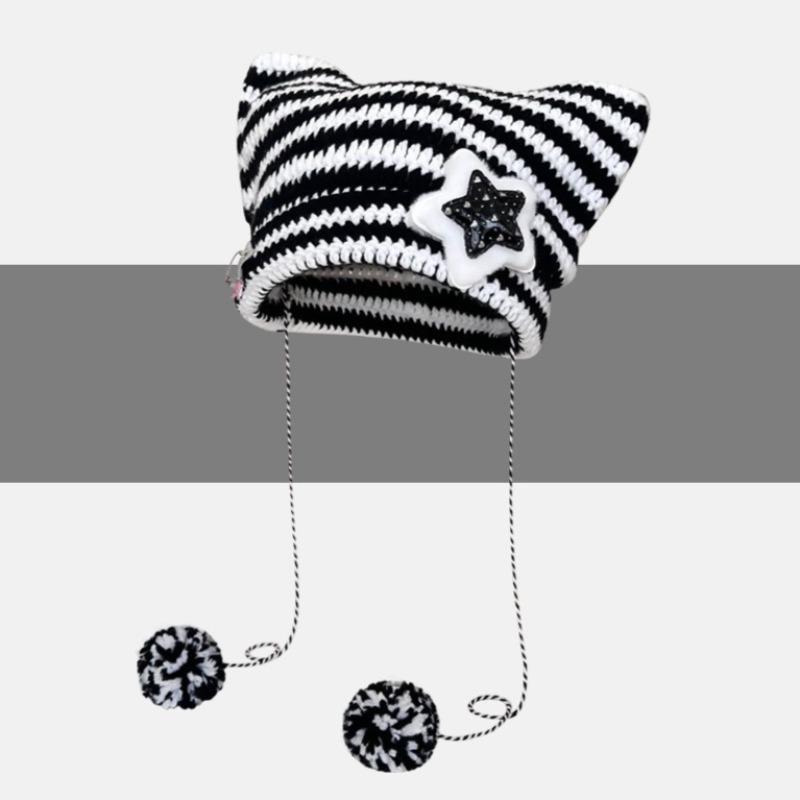 Y2K Beanie Hat Ins Devil Ear Striped Knitted Cap Autumn Winter Hip-hop Cute Cat Ears Pointed Pullover Women's Hats