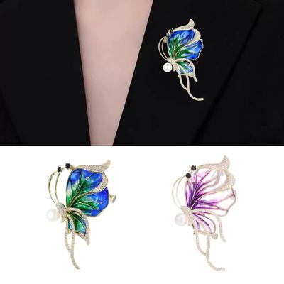 Rhinestones Butterfly Shaped Cloisonne Pin Handmade Brooch With Alloy Base And Imitation Pearls Clothing Accessory
