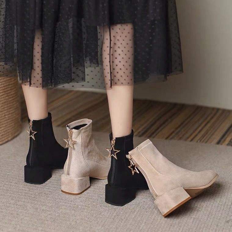 Short boots Skinny new women's autumn and winter velvet thin boots Square head versatile single boots Martin boots Medium heel thick heel boots