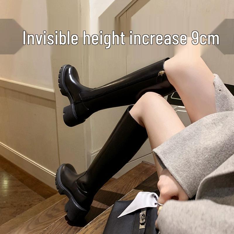 Genuine Leather Women's Knee-High Boots, Inner Height Increase, Thick Sole, High Heel, Velvet Lined, Small Size, Autumn/Winter.