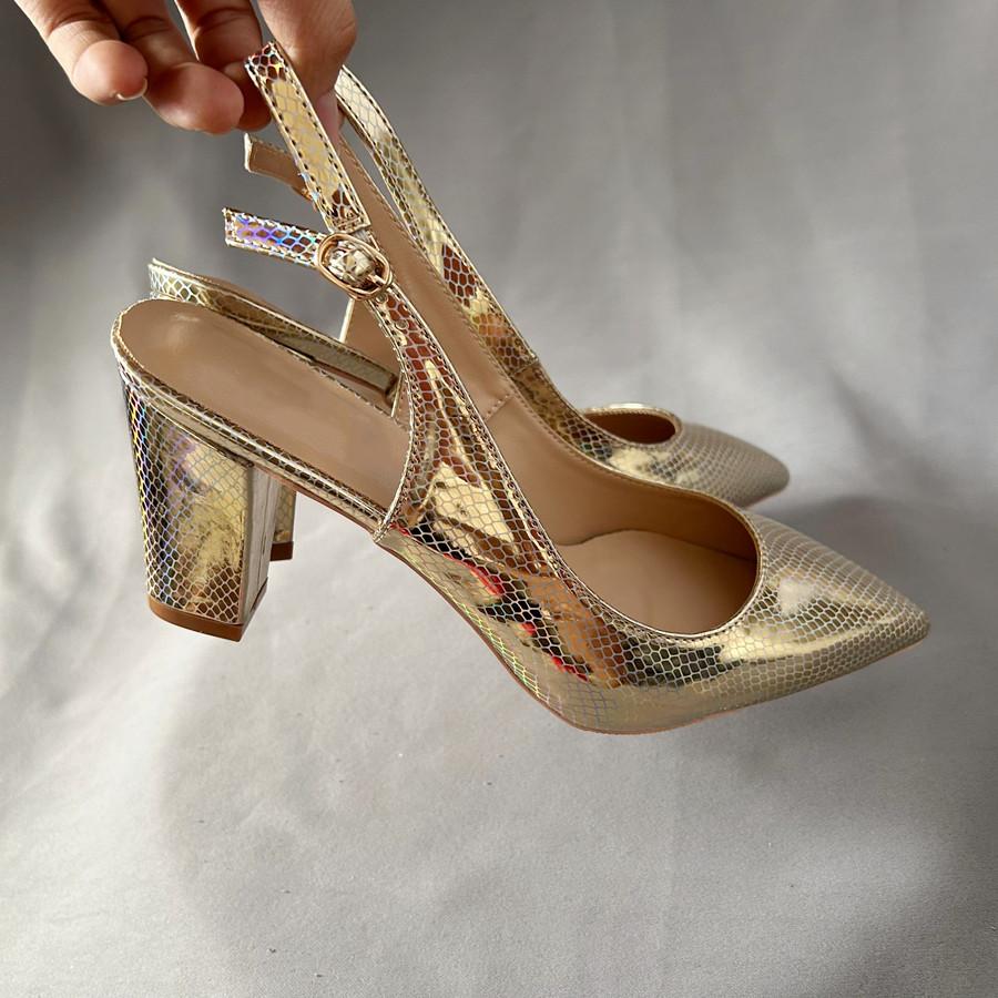 

Блестящие блестящие золотые туфли на каблуках с ремешками на щиколотке, женские туфли-лодочки с острым носком, женские туфли на среднем каблуке с пряжкой, бесплатная доставка 40