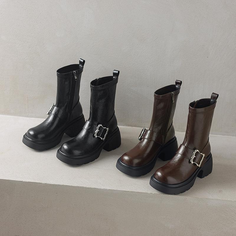Side Zipper Short Boots Women'S Round Head Elastic Thin Boots Belt Buckle Thick Sole Height Small Medium Boots