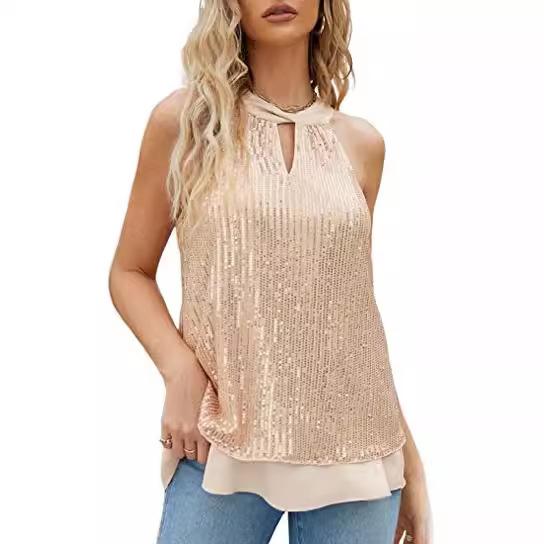 

Женская мода сто пайеток внешний крест висит шея сексуальный без рукавов без бретелек майка XXL шампанского