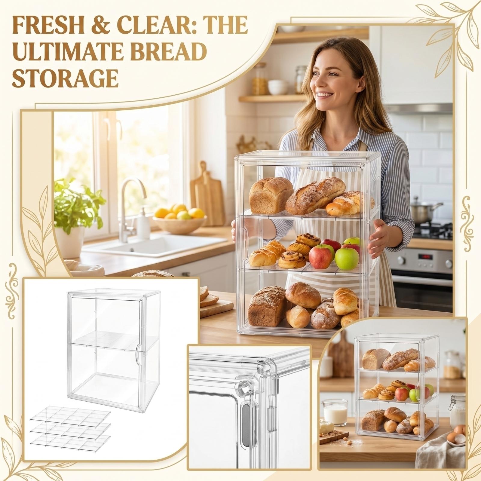 

Bread Box,Large Bread Boxs For Kitchen Countertop - Adjustable Bread Storage Container, Clear Boxes For Kitchen Counter, Breads Box Airtight One Size белый