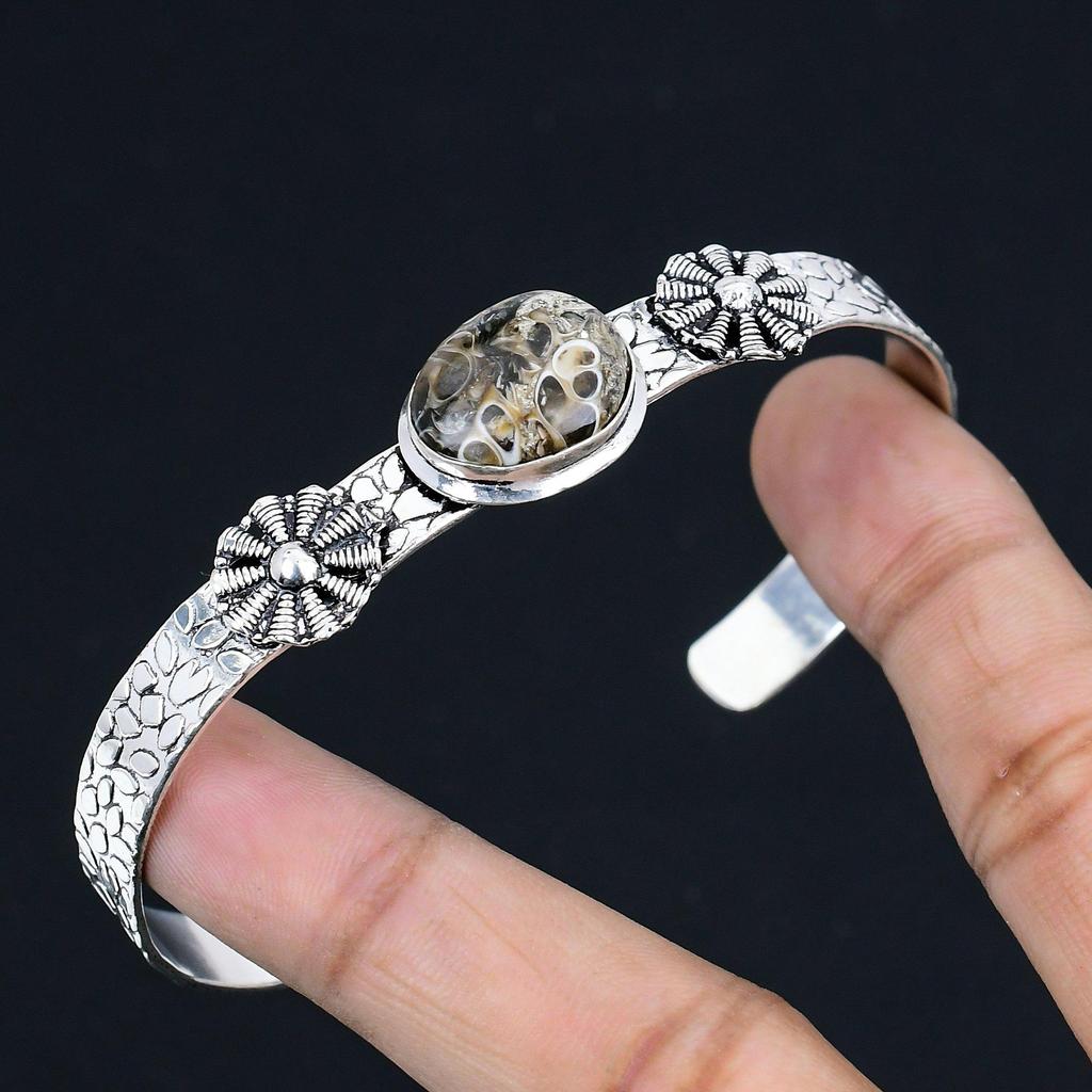 Daughters Day Sale Oval Natural Turritella Agate Sterling Silver Bangle Bracelet