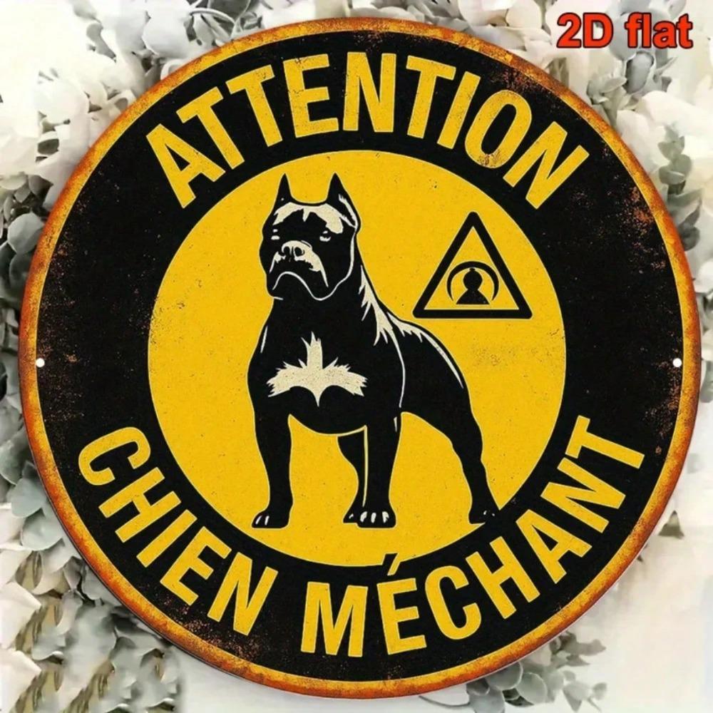 Vintage Beware Of Dog Retro French Caution Aluminum Round Wall Decor Porch Office Cafe