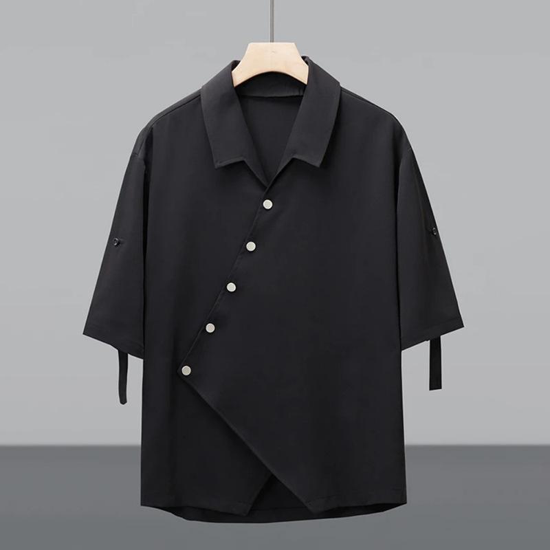 Men s Asymmetric Button Detail Roll Up Sleeve Camp Collar Shirt Casual Streetwear Top S чёрный