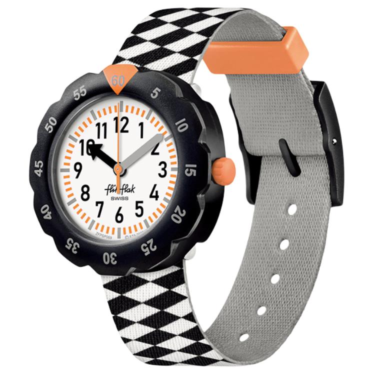 Swatch Flik Flak Feifei Serie Quarzwerk 30 Meter wasserdicht Kinder Schweizer Uhr 35mm weißes Zifferblatt Kunststoffgehäuse Stoffarmband ZFPSP069