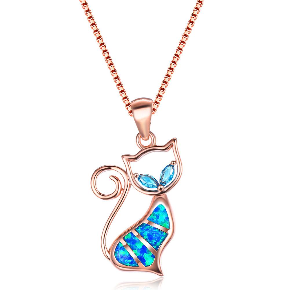 New European and American Fashion Accessories Two Water Blue Diamond Blue Cat Pendant Necklace
