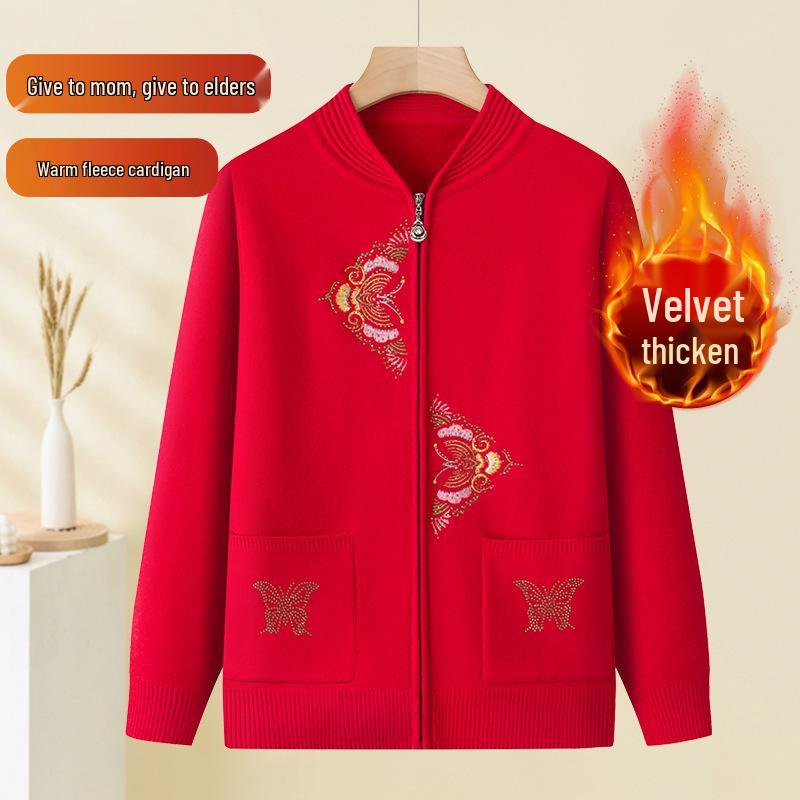 Elegant Embroidered Knit Zipper Cardigan for Middle-Aged & Elderly Women - Autumn/Winter Velvet Pullover