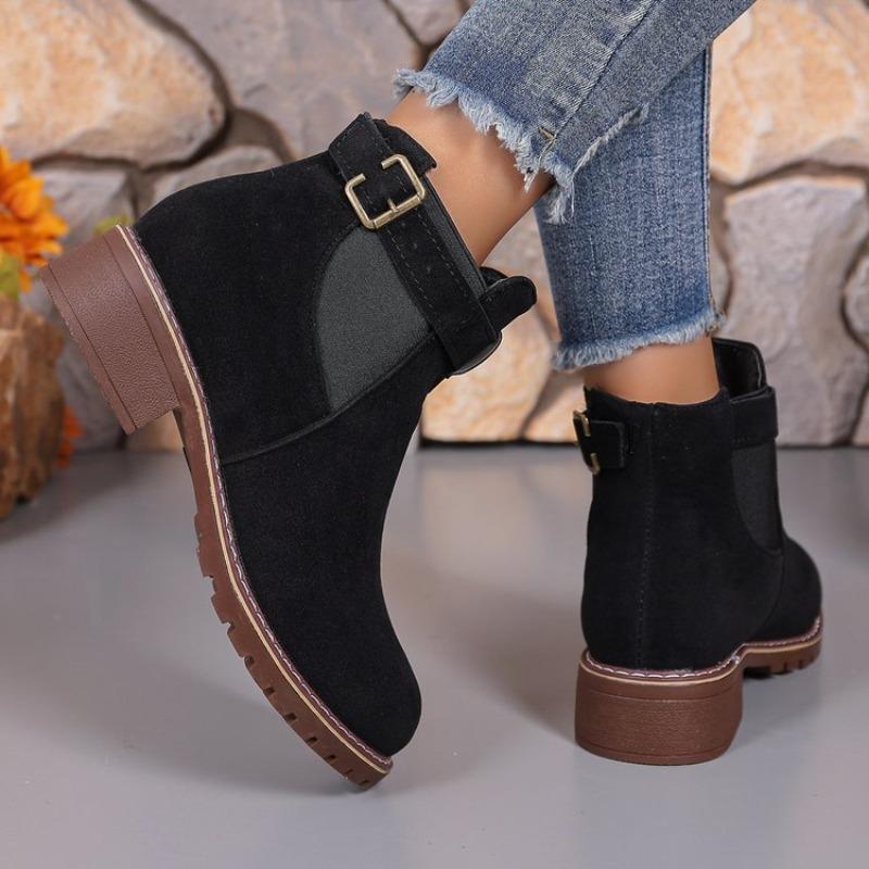 Ume Large Size Buckle with Square Heel Fashion Boots Autumn and Winter New Round Head Medium Tube Women's Boots
