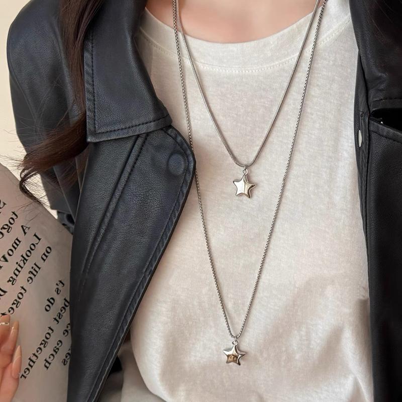 Korean Five Pointed Star Pendant Stainless Steel Necklace for Women Simple Silver Color Star Double Layer Sweater Chain Jewelry