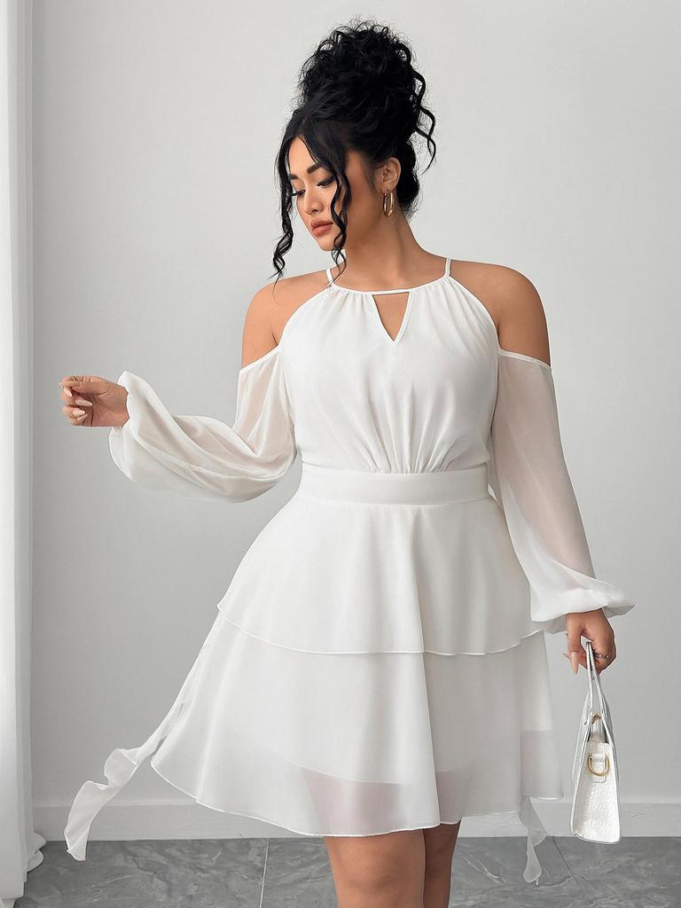 European & American Plus Size Off-the-Shoulder Ruffle Dress with Sweetheart Neckline and Lantern Sleeves