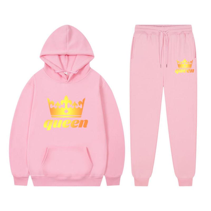 Long Sleeved Tracksuit QUEEN KING Print Lover Couple Outfits Fleece Hoodie Sweatpants Oversized Sweatshirt Pants Suit Men Clothe