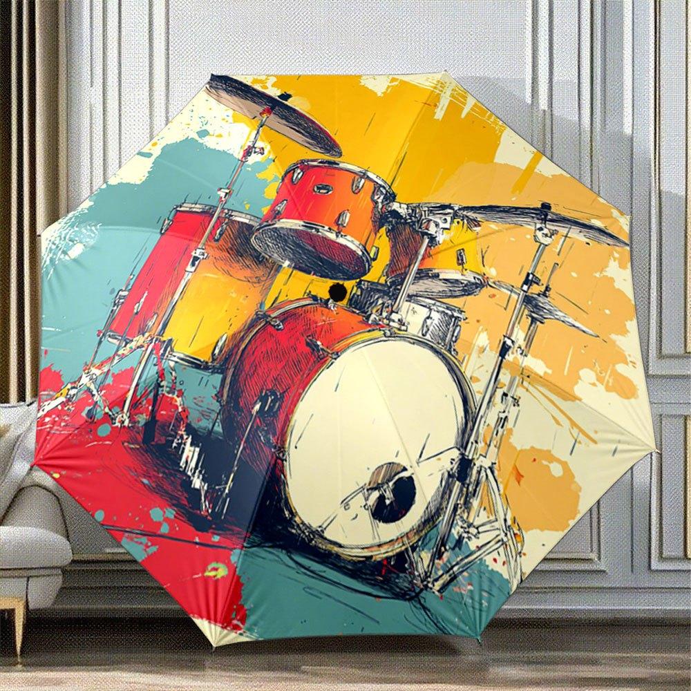 

Drum Set Umbrella - Open/Close 8-Rib Compact Folding Drumstick & Drum Design with Music Notes - Portable Music-Themed Umbrell Iron&8K