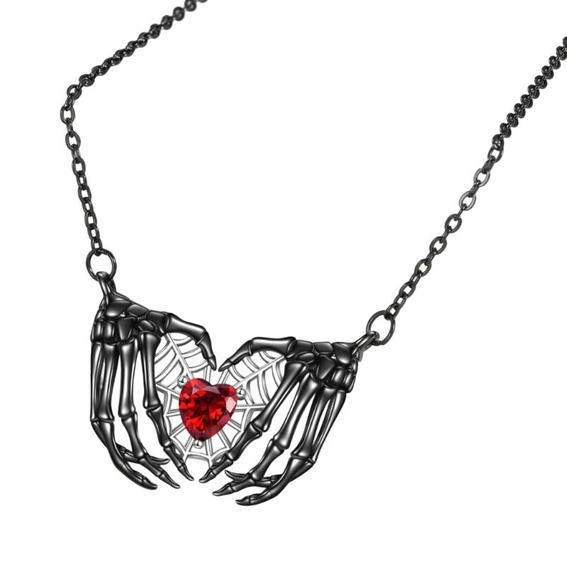 Edgy Heart Bat Wing Pendant Necklace Dark Fantasy Skull Hand Jewelry For Women Gothic Halloween Gift Fashion Accessory