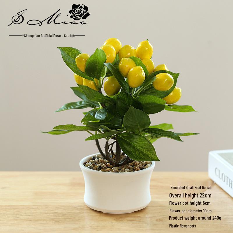 Creative Wooden Basin with Artificial Green Plant Bonsai Ornament for Display and Decoration.