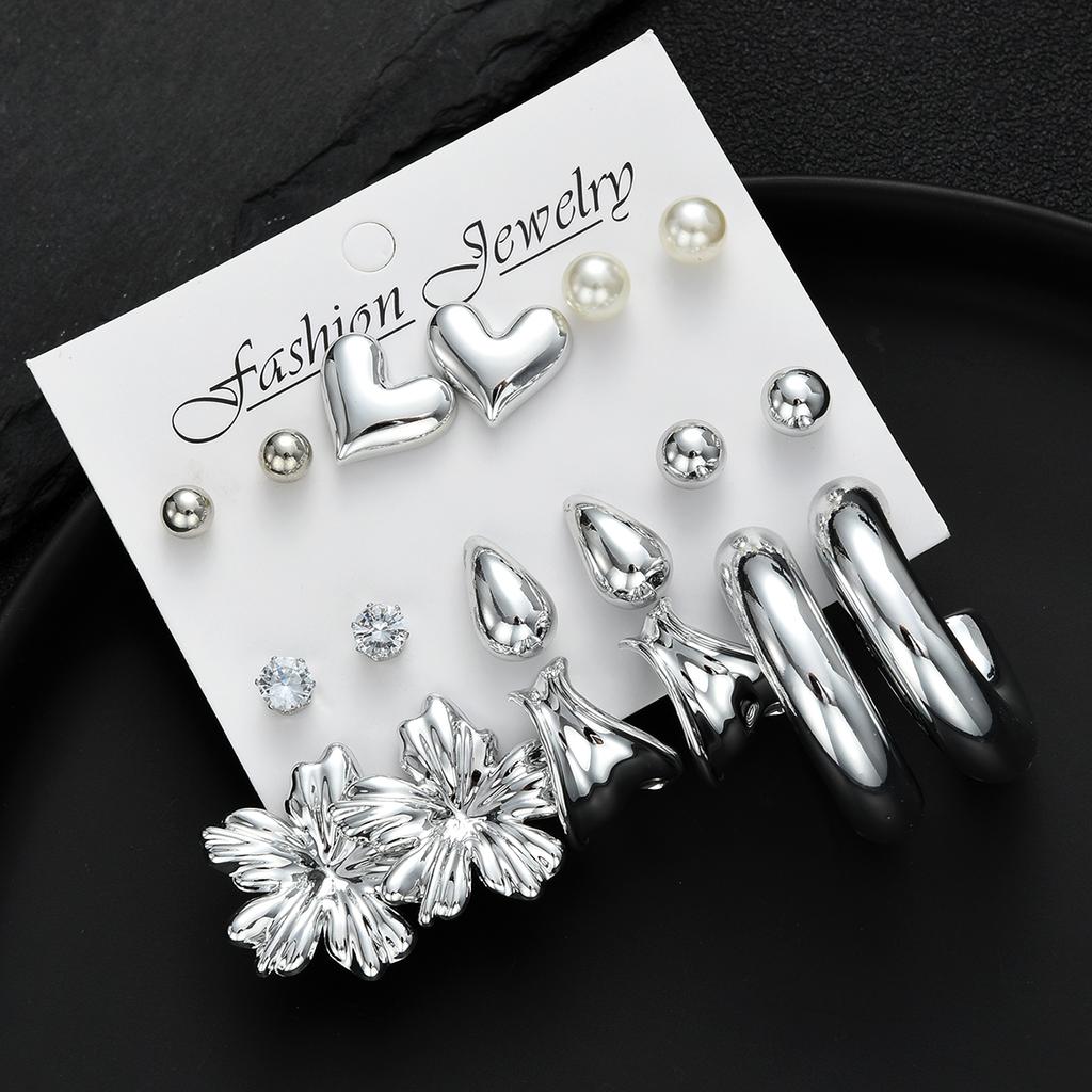 18pcs Bohemian Heart Floral Earring Sets for Women Silver Color Faux Pearl Zircon Geometric C Shape Earrings Daily Wear Jewelry