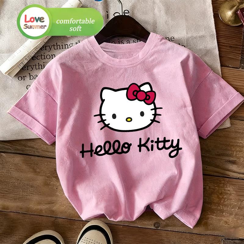 Kitty cat Print T-Shirt 4 to 14 years girls Short-Sleeved back to school Casual Top Suitable for 2026 Summer Spring