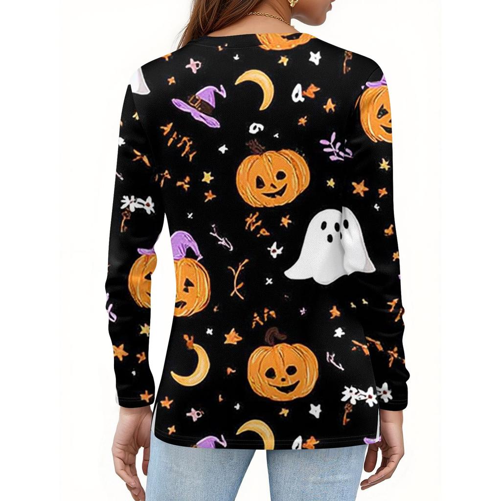Women's Fashion Casual Halloween Printed Round Neck Long Sleeve Pullover Top