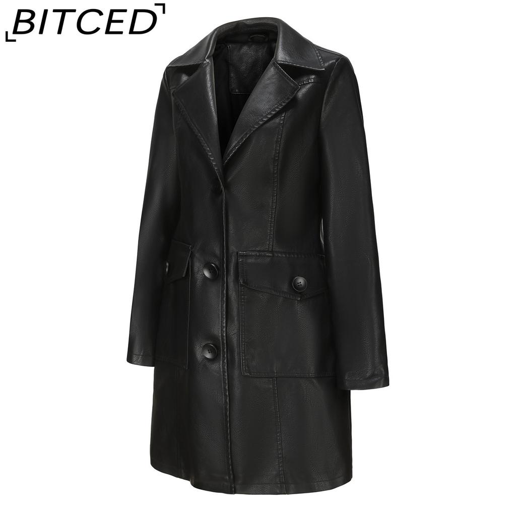 BITCED Long-Length Leather Coat Spring/Autumn Long-Sleeved Leather Trench Coat Stylish British-Style Outerwear Polo Neck Single-Breasted