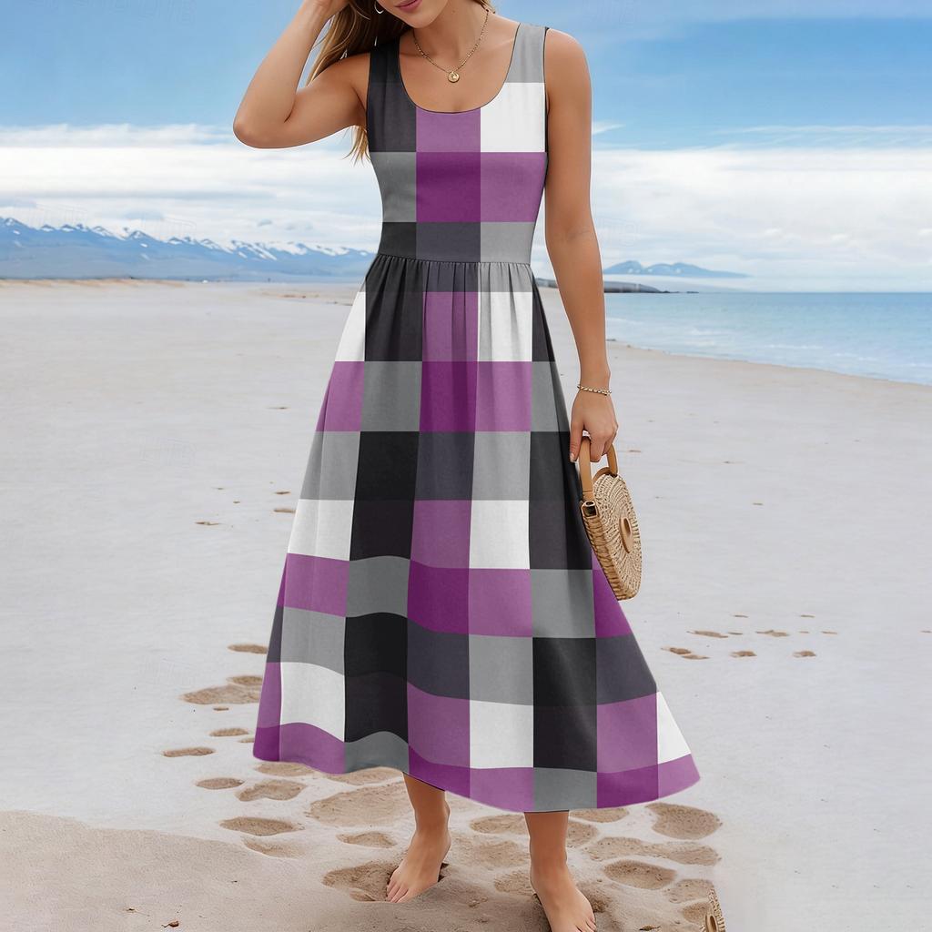 Ladies' Checkered Summer Casual and Fashionable Sleeveless Long Dress