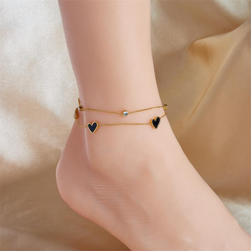 18K Gold Plated Layered Black Enamel Heart CZ Anklet, Dainty Double Chain Foot Bracelet for Women, Trendy Jewelry