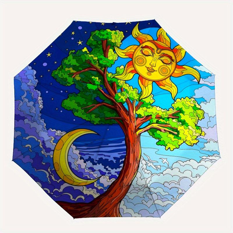 1pc Sun Moon Tree Automatic Folding Umbrella - 8-Rib Iron Frame,  Portable Sunshade with Plastic Handle yy250731263