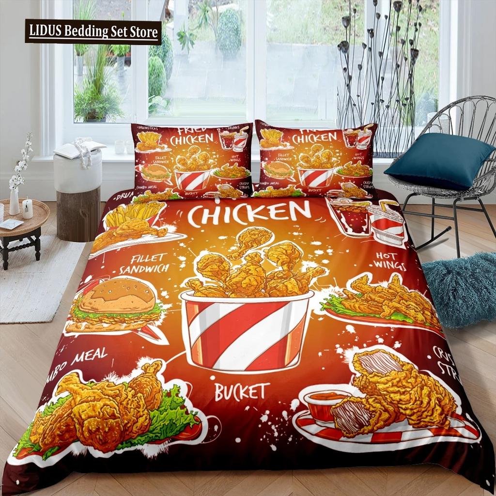 Amerikanisches Fast Food Bettbezug Set Doppelgröße Pizza Hotdog Bettdeckenbezug Hamburger Print Bettwäsche Set Pommes Quiltbezug