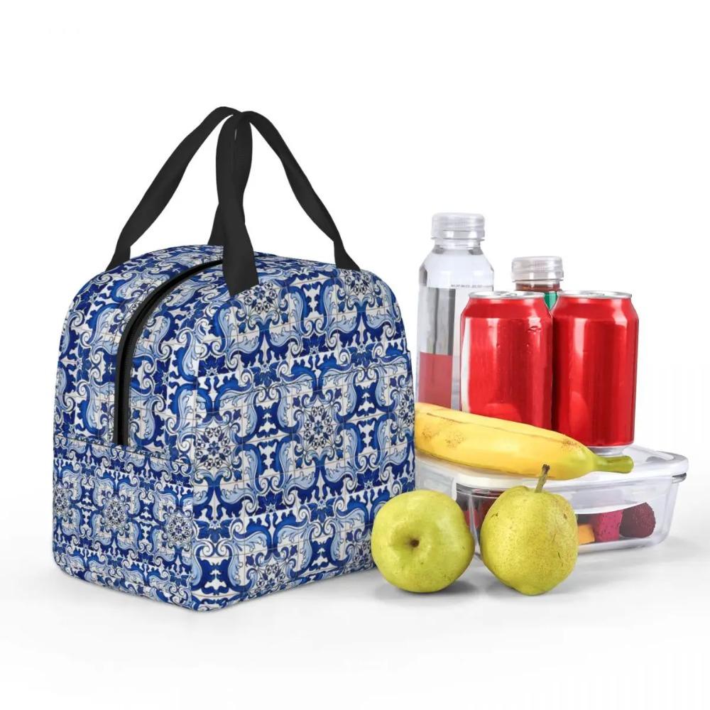 Antique Classic Lisbon Blue Azulejo Tile Floral Pattern Insulated Lunch Bag for WomenOffice Cooler Thermal Food BoxTote Portable