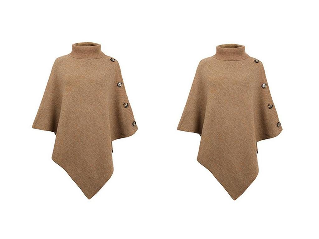 Evropský a americký pletený kardigan s vysokým límcem, jednobarevný šál, pončo s rozparky pro ženy