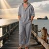 Men's Linen Long Sleeve Hooded Shirt and Pants Casual Beach Set