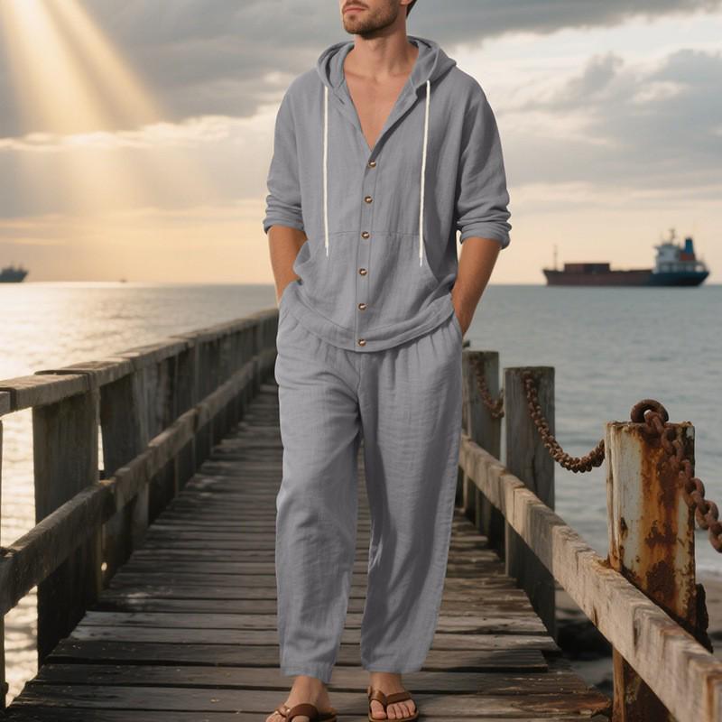 Men's Linen Long Sleeve Hooded Shirt and Pants Casual Beach Set