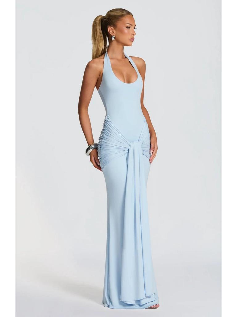2025 Women's European & American Style Spliced Strappy Long Slim Fit Halterneck Formal Dress