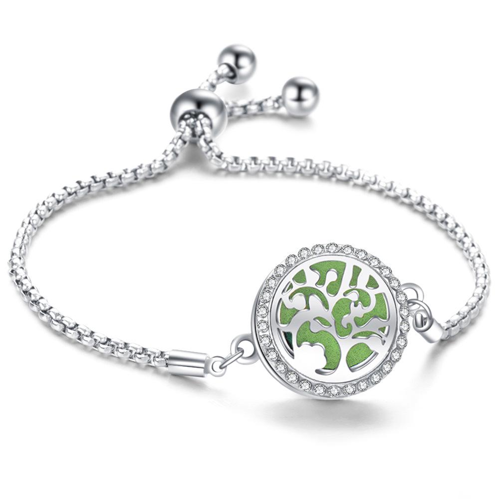 Crystal Rhinestone Aromatherapy Tree of Life Bracelet - Adjustable Titanium Steel with Essential Oil Compartment.