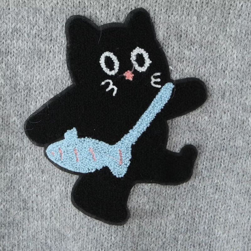 Kaslead New Women clothes Western Style Towel Embroidery Stickers Cartoon Kitten Pattern Pullover Vest Sweater