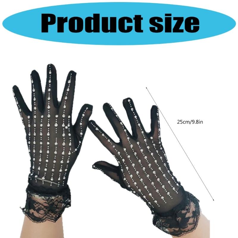Rhinestones Embellished Gloves With Delicate Lace Trim And Breathable Polyester Fabric Costume Accessory