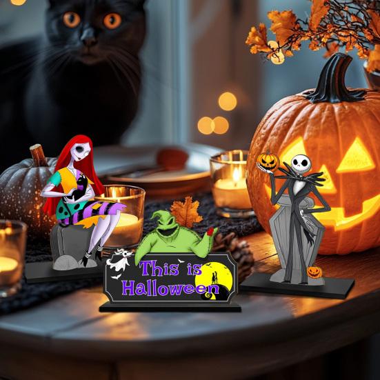 3Pcs/Set Halloween Wooden Table Sign Spooky Witch Pumpkin Ghost Ornament Holiday Party Home Office Desktop Decoration