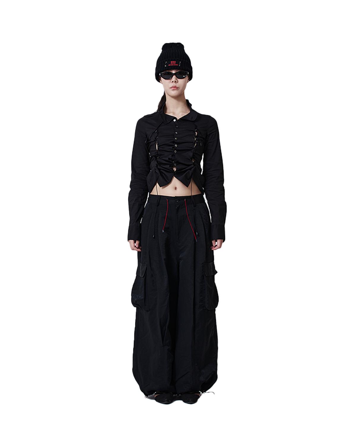 One Two Two Ruff Cutting String Shape China Collar Shirt -Black Black
