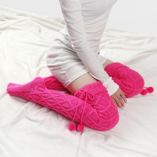 1 Pair Women Long Socks Solid Color Rhombus Texture Autumn Winter Knitting Stockings with Wool Balls Daily Wear