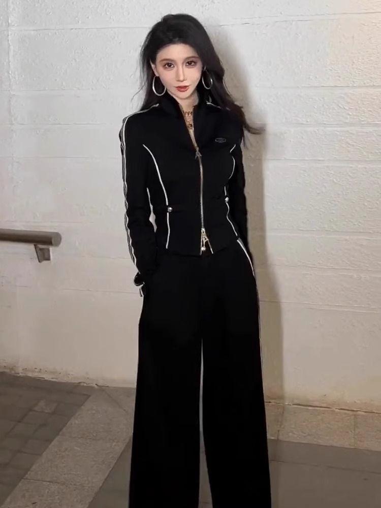 Women's Korean Style Casual Sportswear Set: Hooded Sweatshirt & Wide-Leg Pants (Spring/Autumn 2025)