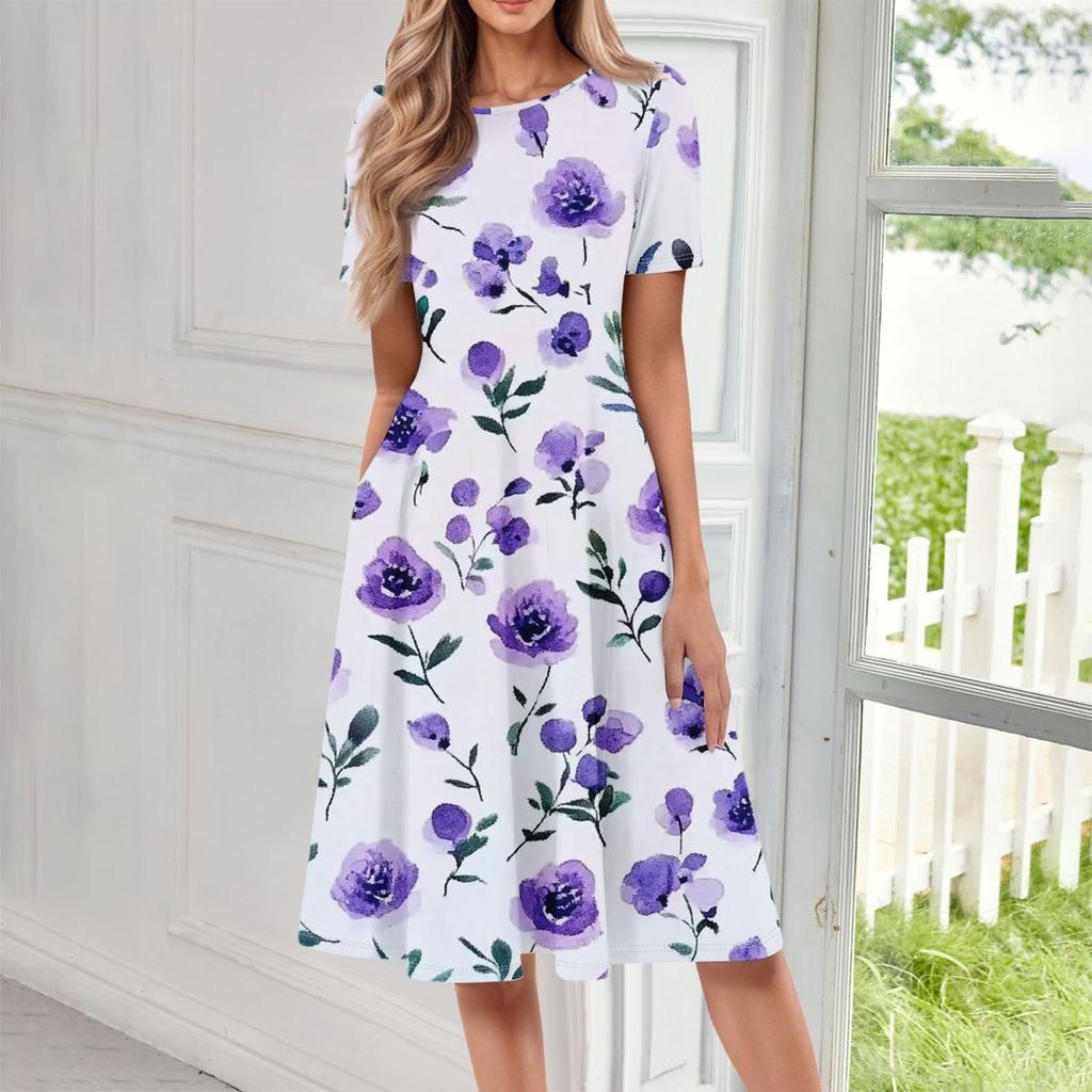 Women's Casual Fashion Round Neck Short Sleeve Floral Print Midi Dress