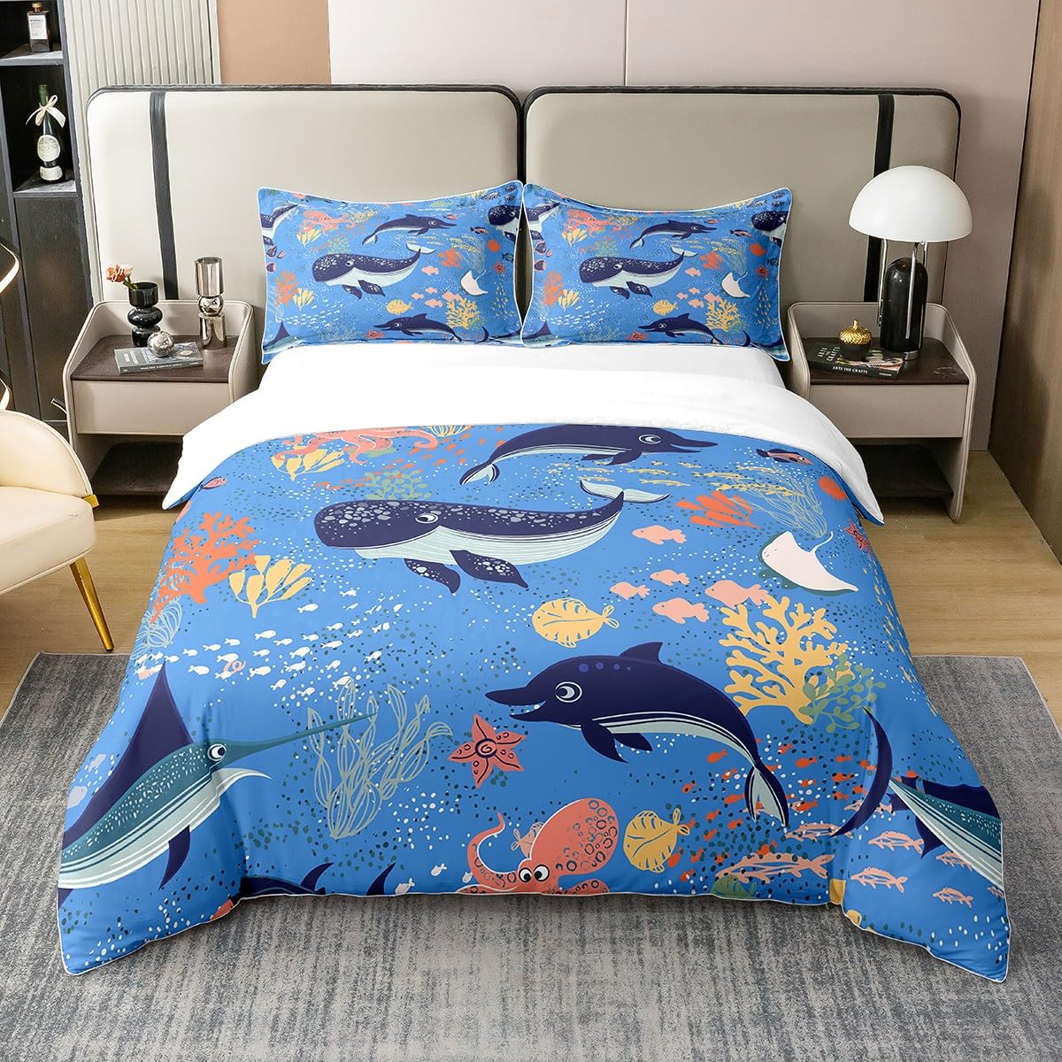 

Комплект постільної білизни Blue Dolphin, Ковдра Розмір Queen Full, Постільна білизна з морськими тваринами для хлопчиків, підлітків, Постільна білизна для хлопчиків з наволочками 3 шт. 140x200cm 3pcs