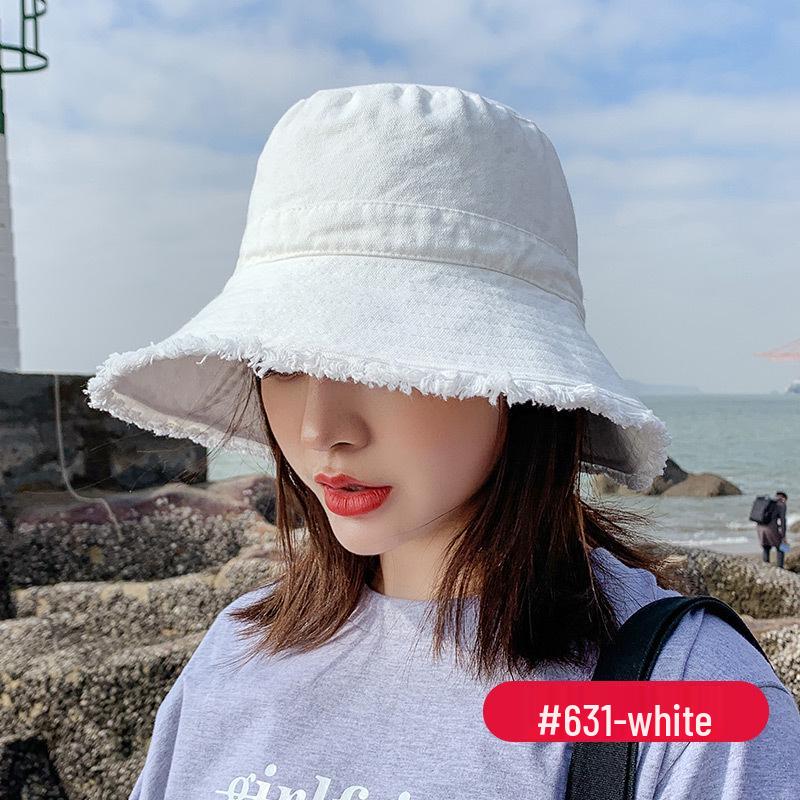 Damen Waschbarer Denim Fischerhut - Ausgefranster Rand, Koreanischer Stil, Trendig, Sonnenschutz, Schmeichelhaft für runde Gesichter