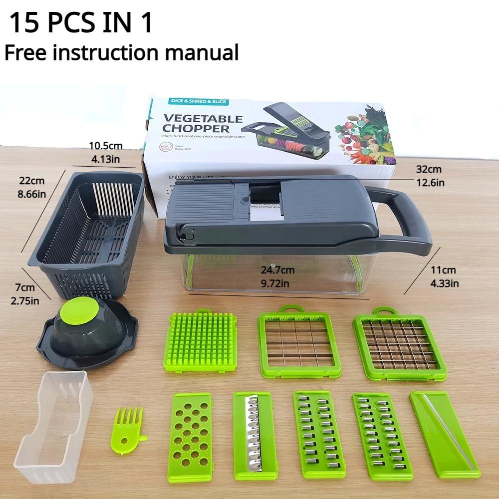 15 In 1 Vegetable Chopper, Multifunctional Food Processor for Fruits and Vegetables, Compact Size Manual Cu Cutter, Feliator